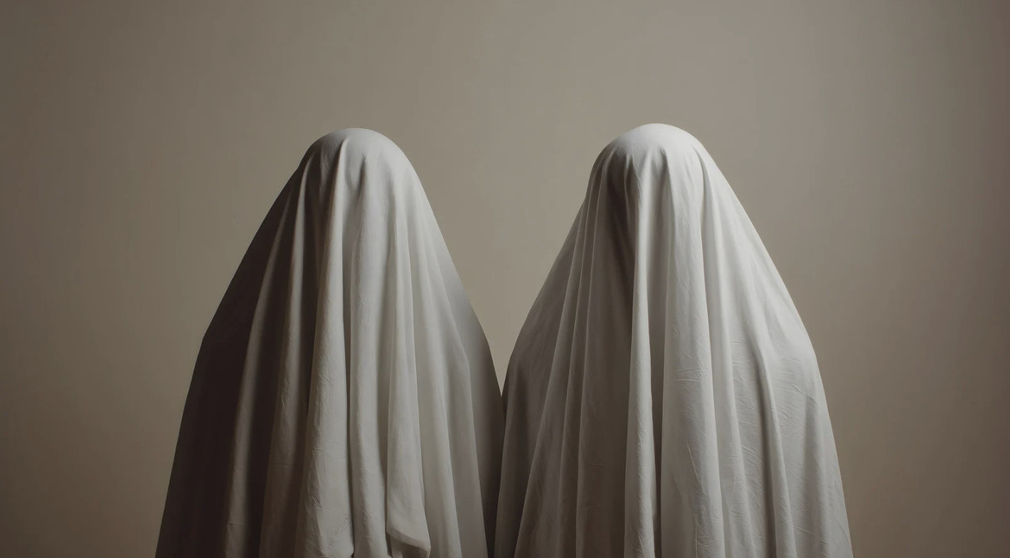 Conceptual image of two ghost-like figures under white sheets representing the Ghost Points and spirit aspects in Chinese medicine